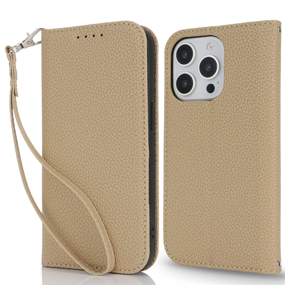 Stand Case for iPhone 13 Pro Max / 12 Pro Max Litchi Texture Leather Flip Phone Cover with Strap  /  Wallet - Light Brown