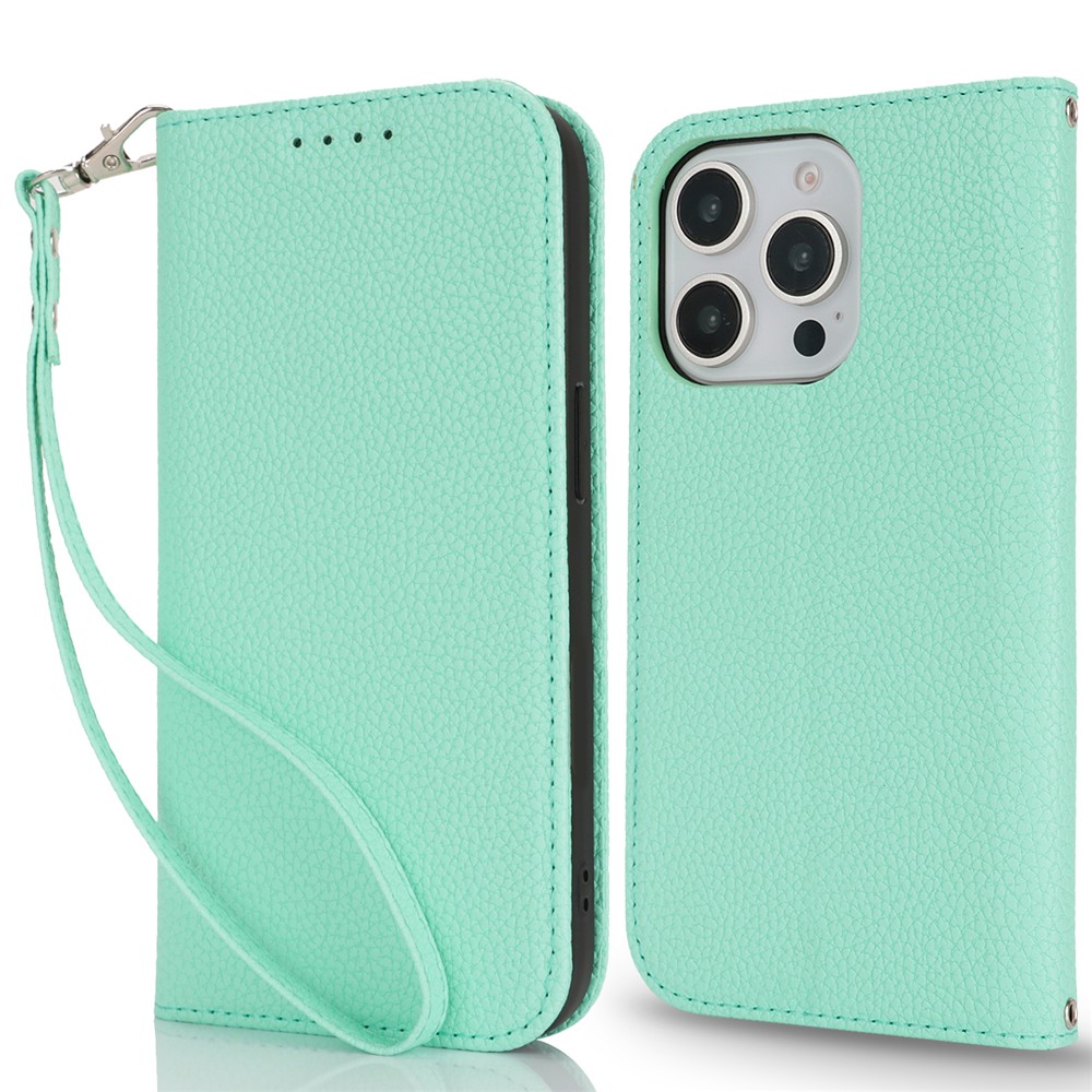 Stand Case for iPhone 13 Pro Max / 12 Pro Max Litchi Texture Leather Flip Phone Cover with Strap  /  Wallet - Mint Green