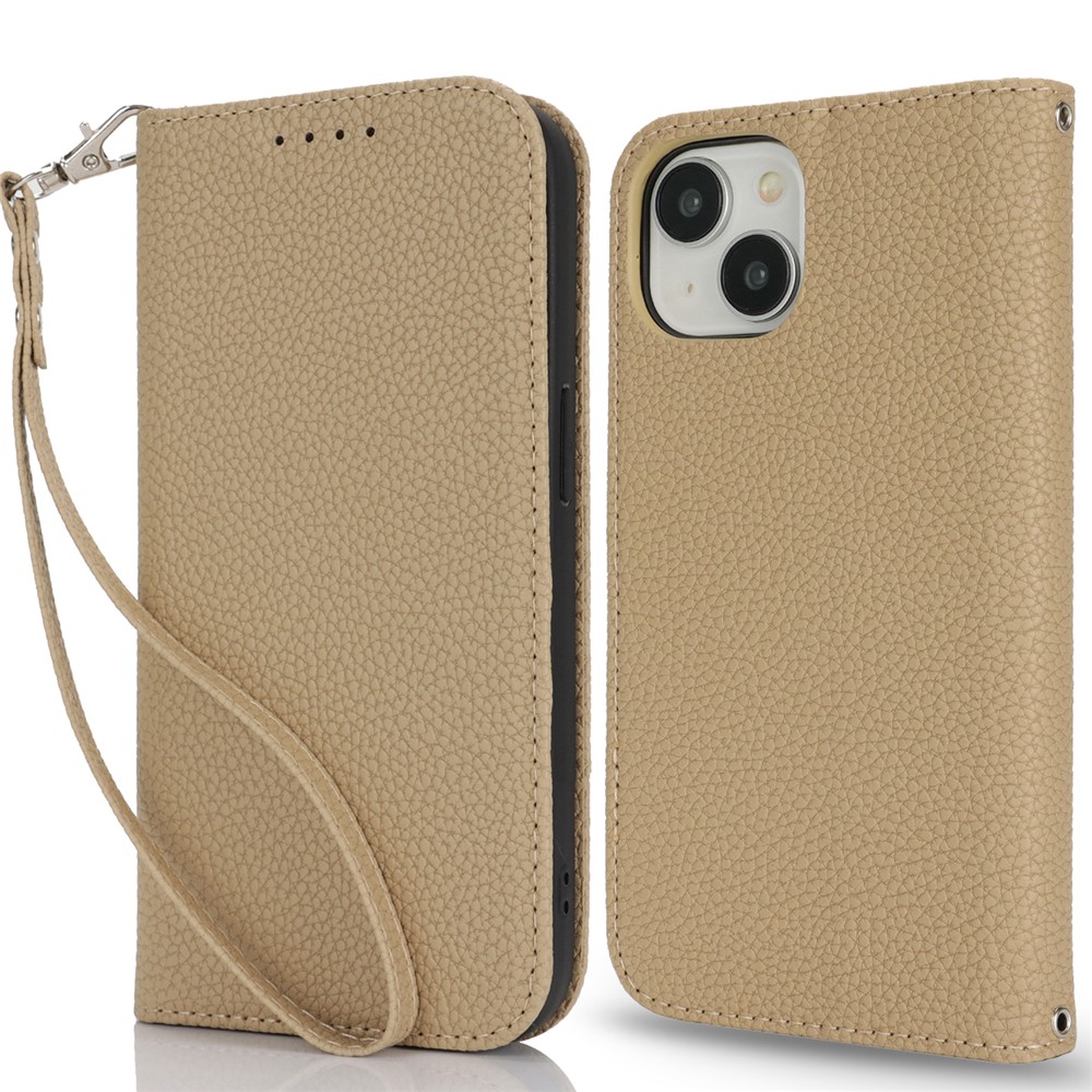 Stand Case for iPhone 15 Plus / 14 Plus Litchi Texture Leather Flip Phone Cover with Strap  /  Wallet - Light Brown