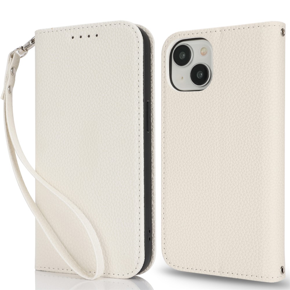 Stand Case for iPhone 15 Plus / 14 Plus Litchi Texture Leather Flip Phone Cover with Strap / Wallet - White