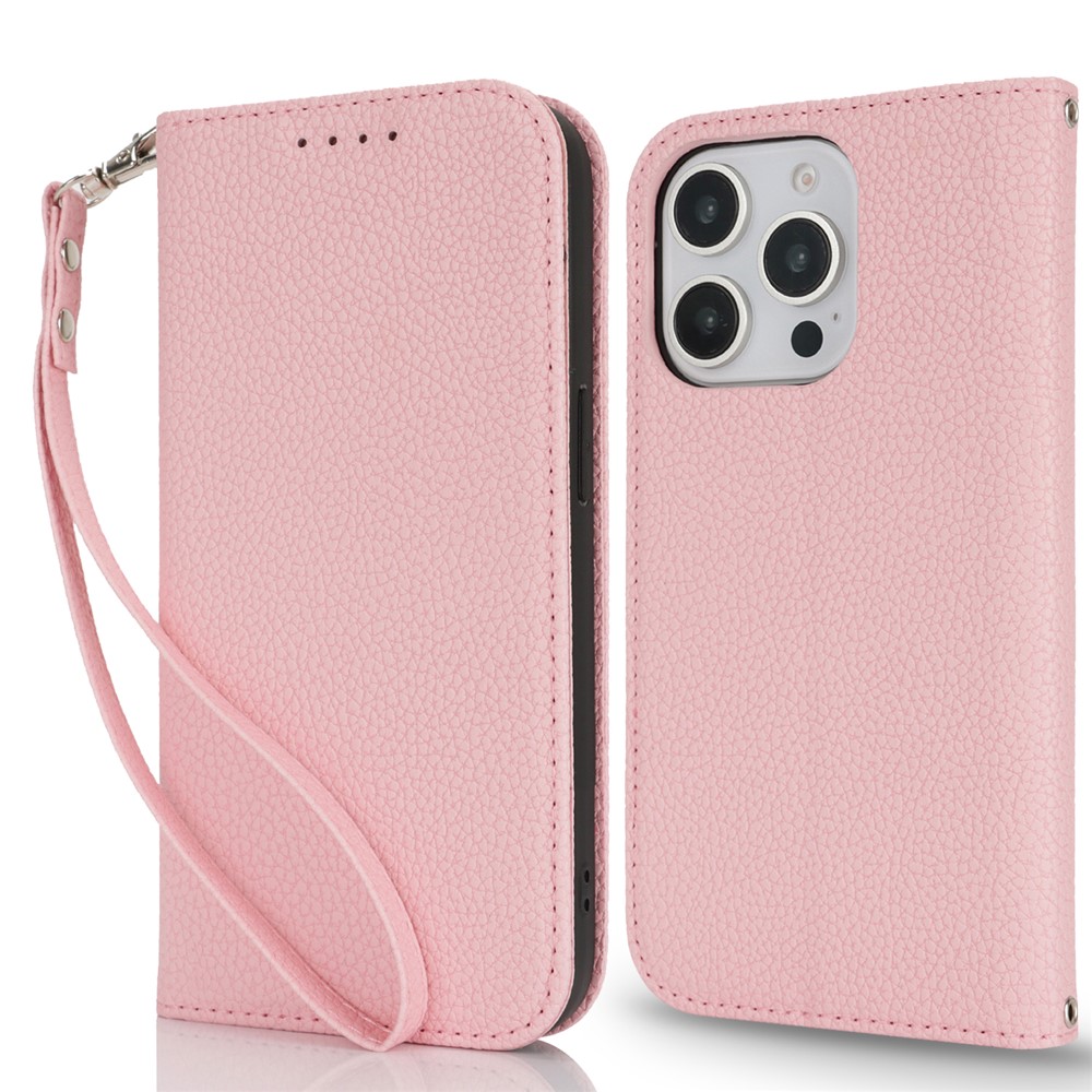 Stand Case for iPhone 14 Pro Max Litchi Texture Leather Flip Phone Cover with Strap  /  Wallet - Pink