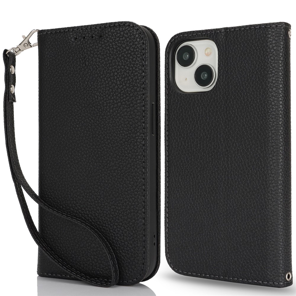 Stand Case for iPhone 15 Litchi Texture Leather Flip Phone Cover with Strap  /  Wallet - Black