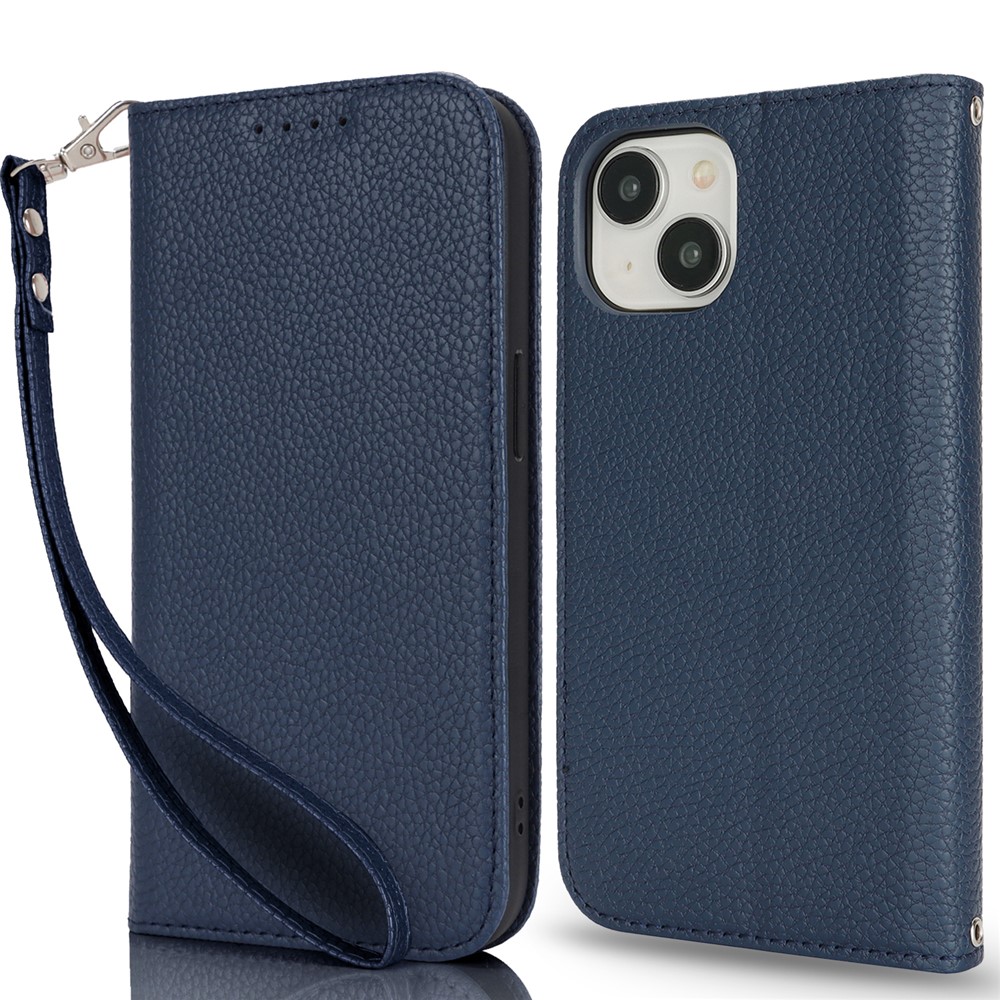 Stand Case for iPhone 15 Litchi Texture Leather Flip Phone Cover with Strap  /  Wallet - Blue