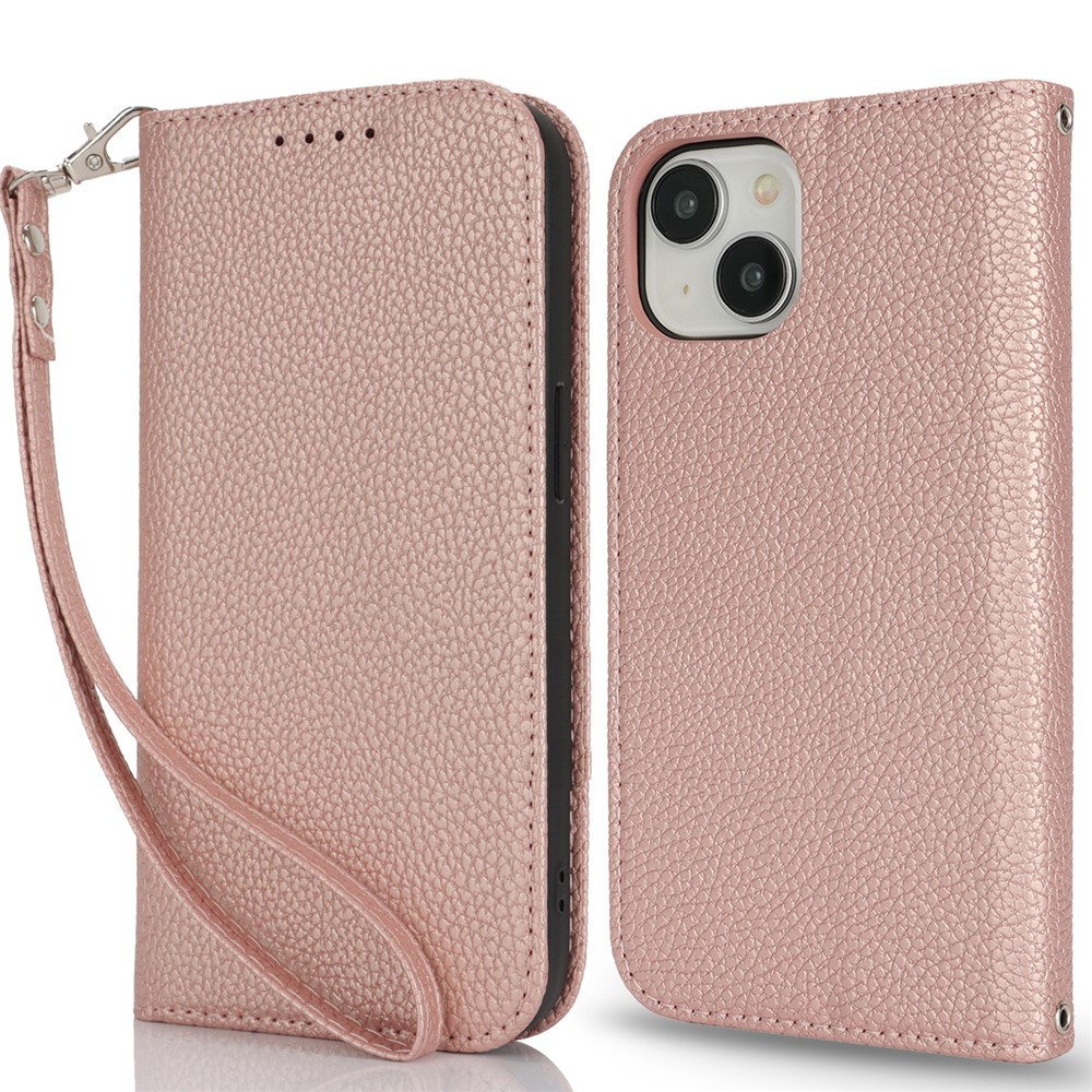 Stand Case for iPhone 15 Litchi Texture Leather Flip Phone Cover with Strap  /  Wallet - Rose Gold