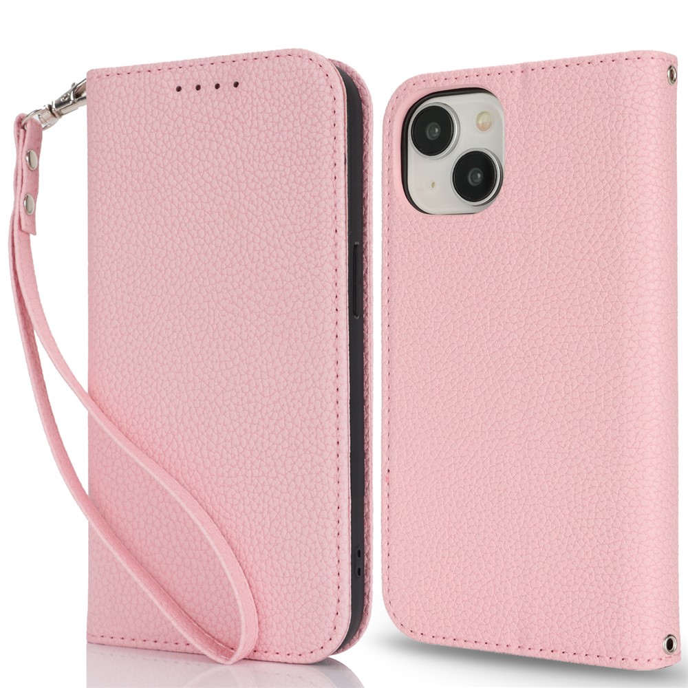 Stand Case for iPhone 15 Litchi Texture Leather Flip Phone Cover with Strap  /  Wallet - Pink