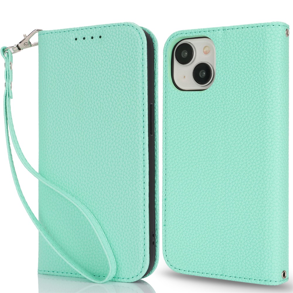 Stand Case for iPhone 15 Litchi Texture Leather Flip Phone Cover with Strap  /  Wallet - Mint Green