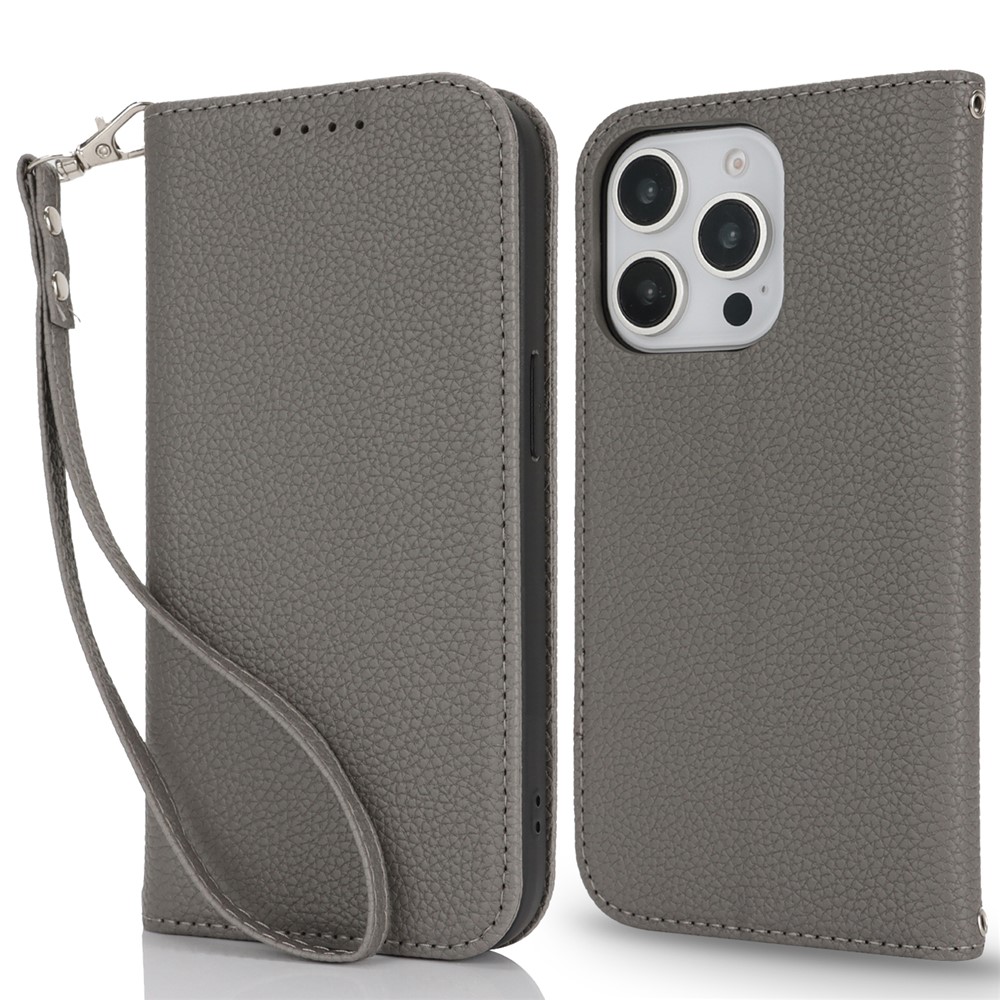 Stand Case for iPhone 15 Pro Max Litchi Texture Leather Flip Phone Cover with Strap  /  Wallet - Grey