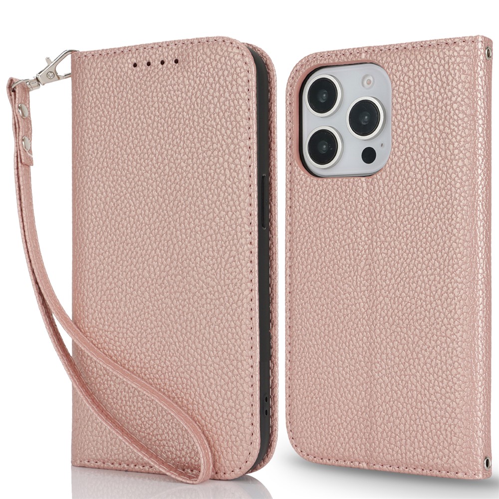 Stand Case for iPhone 15 Pro Max Litchi Texture Leather Flip Phone Cover with Strap  /  Wallet - Rose Gold