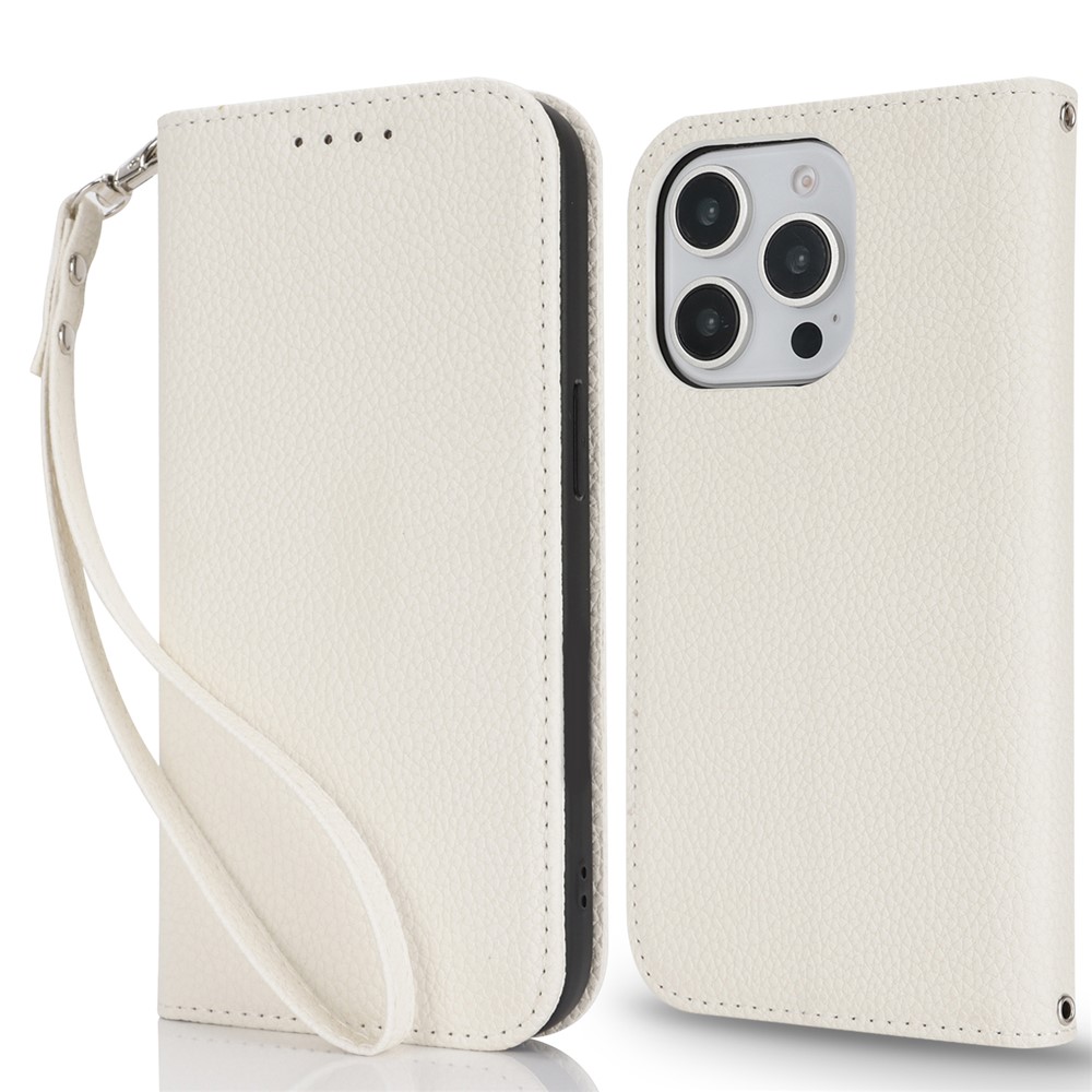 Stand Case for iPhone 15 Pro Max Litchi Texture Leather Flip Phone Cover with Strap  /  Wallet - White