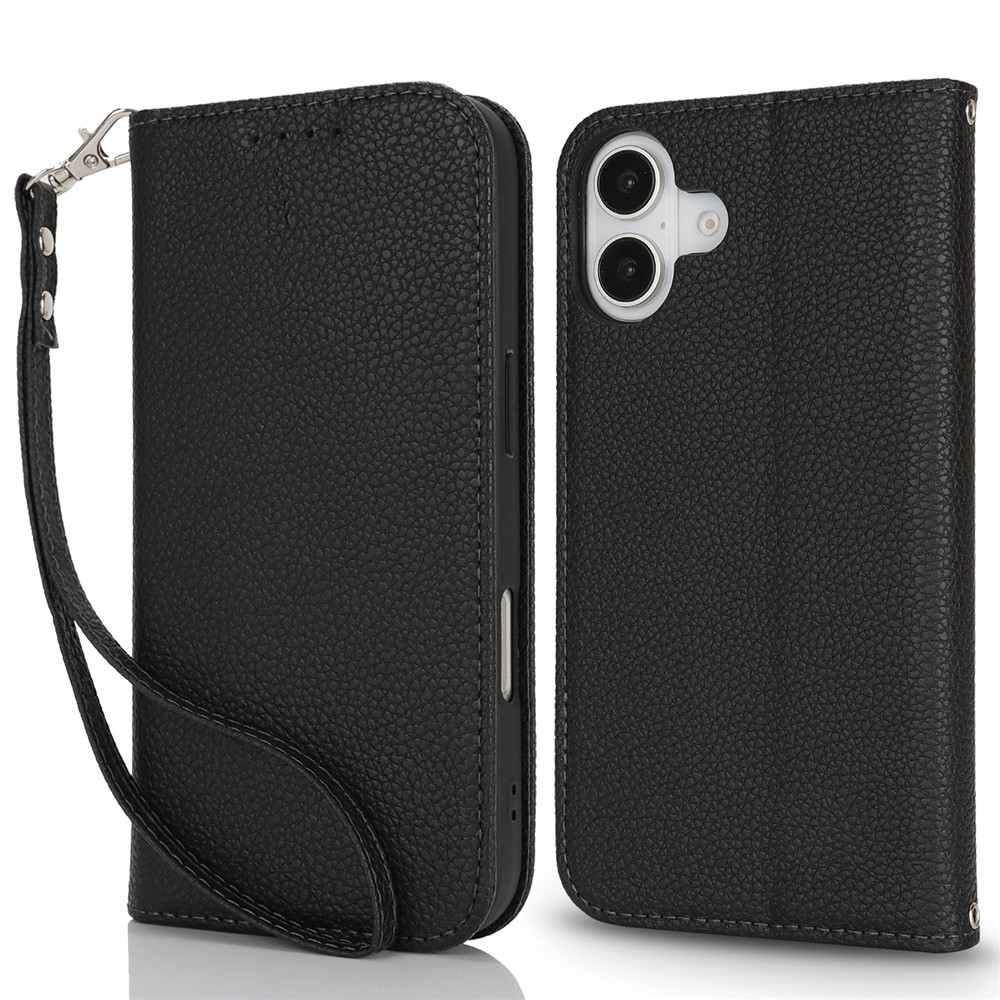 Stand Case for iPhone 16 Plus Litchi Texture Leather Flip Phone Cover with Strap  /  Wallet - Black