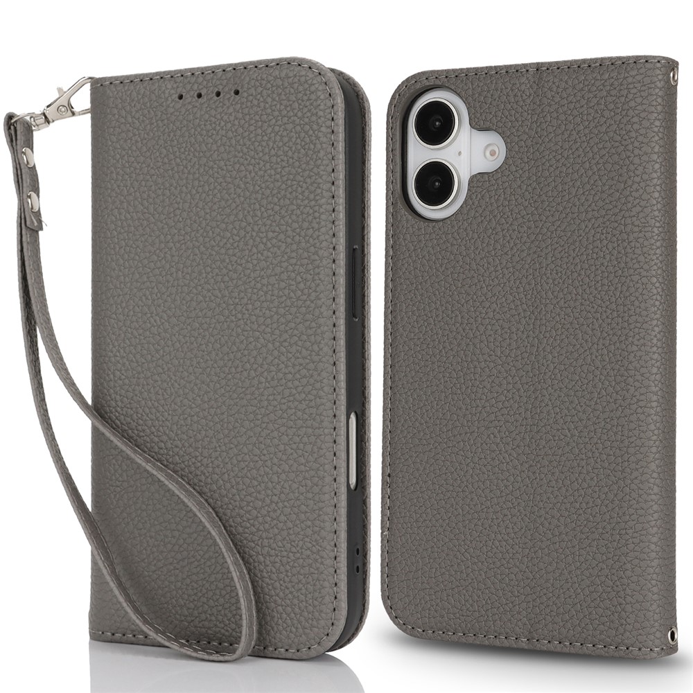Stand Case for iPhone 16 Plus Litchi Texture Leather Flip Phone Cover with Strap  /  Wallet - Grey