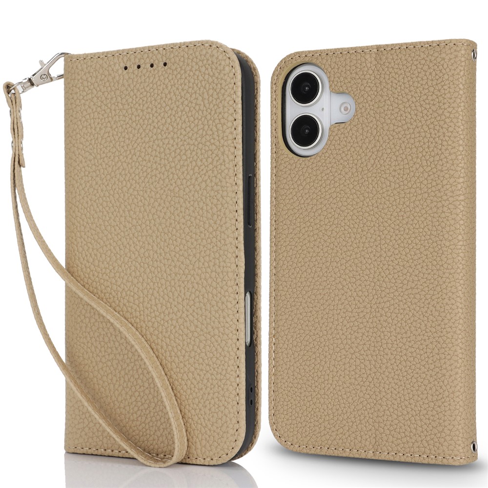 Stand Case for iPhone 16 Plus Litchi Texture Leather Flip Phone Cover with Strap  /  Wallet - Light Brown
