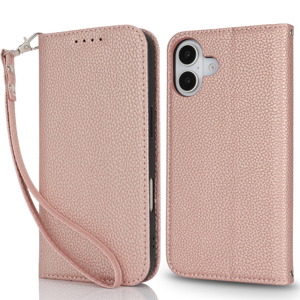Stand Case for iPhone 16 Plus Litchi Texture Leather Flip Phone Cover with Strap  /  Wallet - Rose Gold
