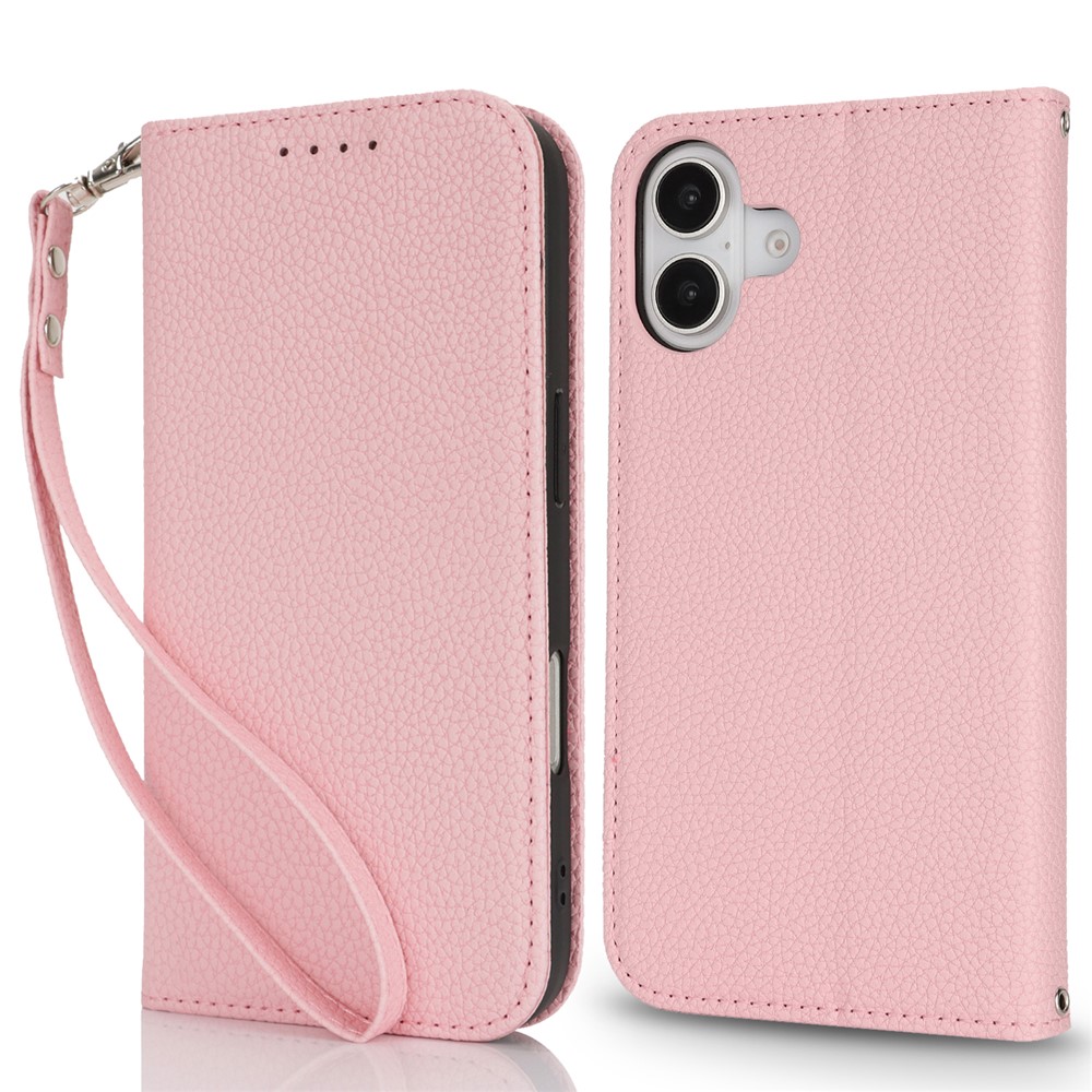 Stand Case for iPhone 16 Plus Litchi Texture Leather Flip Phone Cover with Strap  /  Wallet - Pink