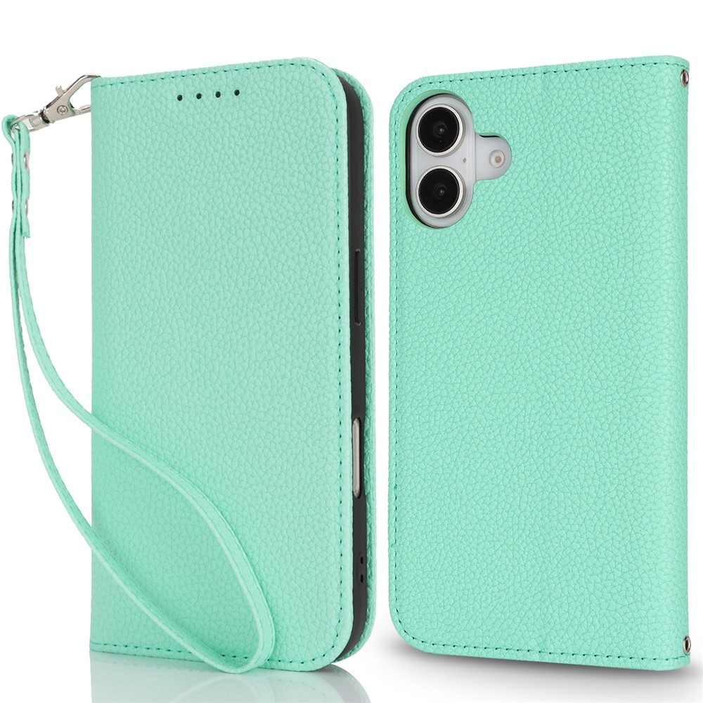 Stand Case for iPhone 16 Plus Litchi Texture Leather Flip Phone Cover with Strap  /  Wallet - Mint Green