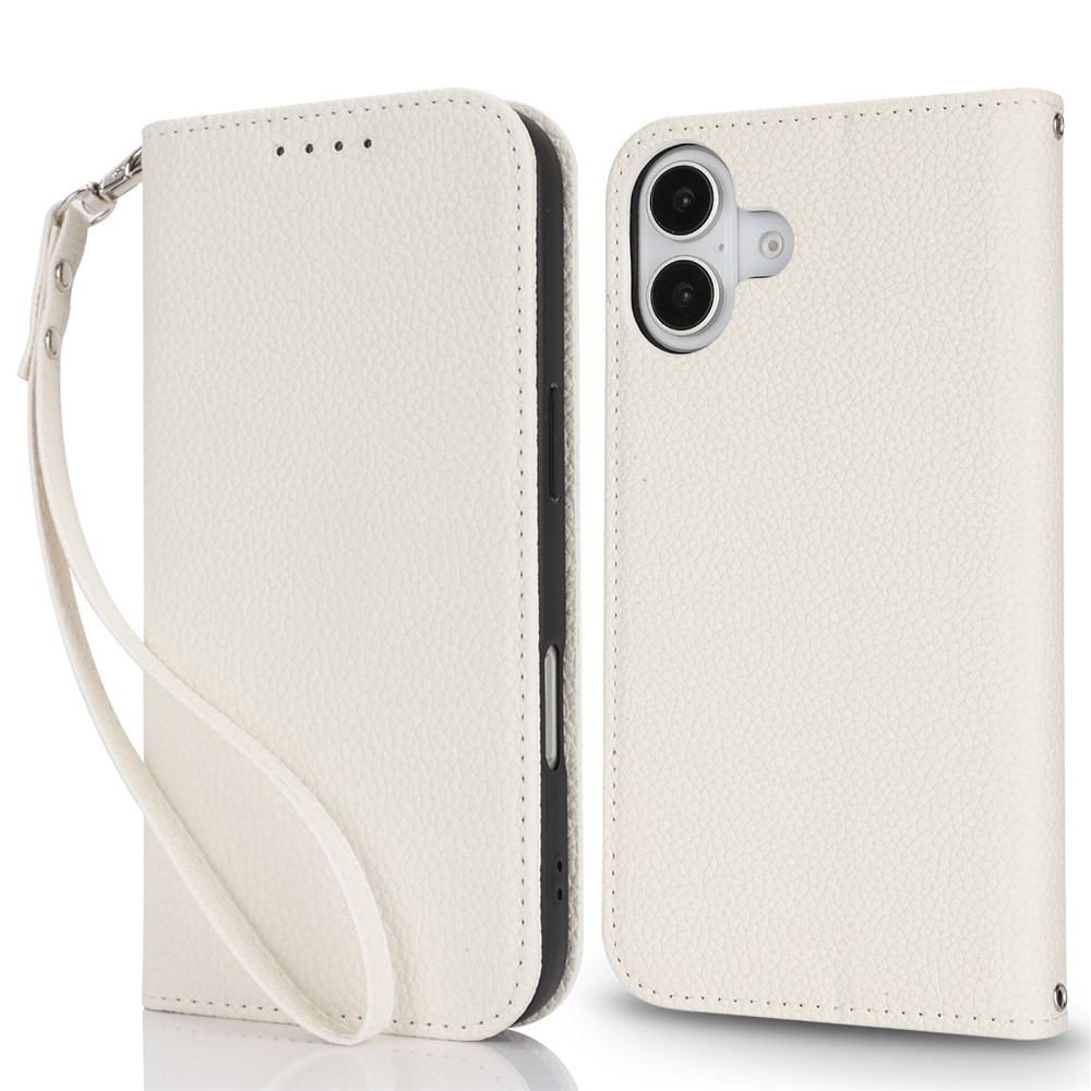 Stand Case for iPhone 16 Plus Litchi Texture Leather Flip Phone Cover with Strap  /  Wallet - White