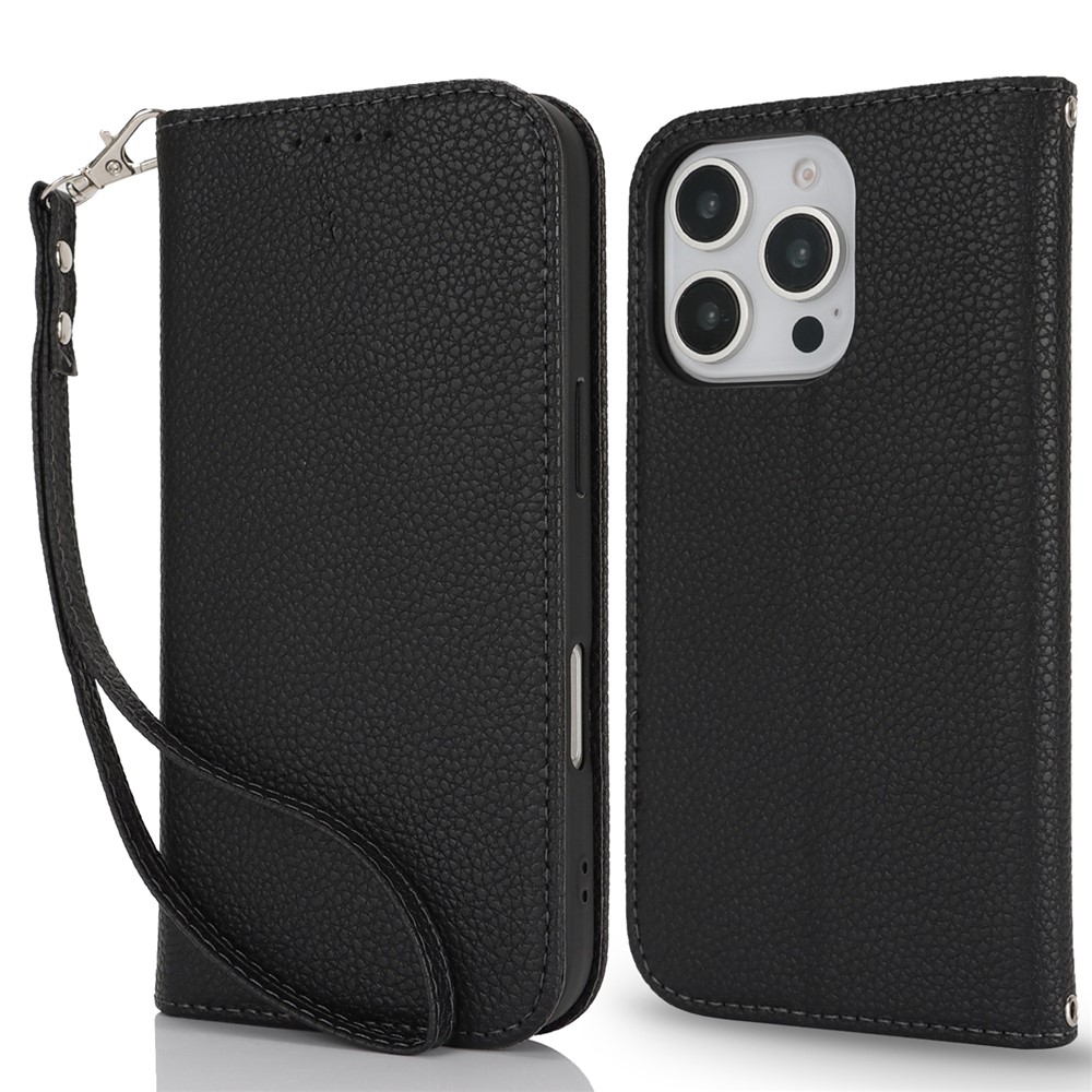 Stand Case for iPhone 16 Pro Max Litchi Texture Leather Flip Phone Cover with Strap  /  Wallet - Black