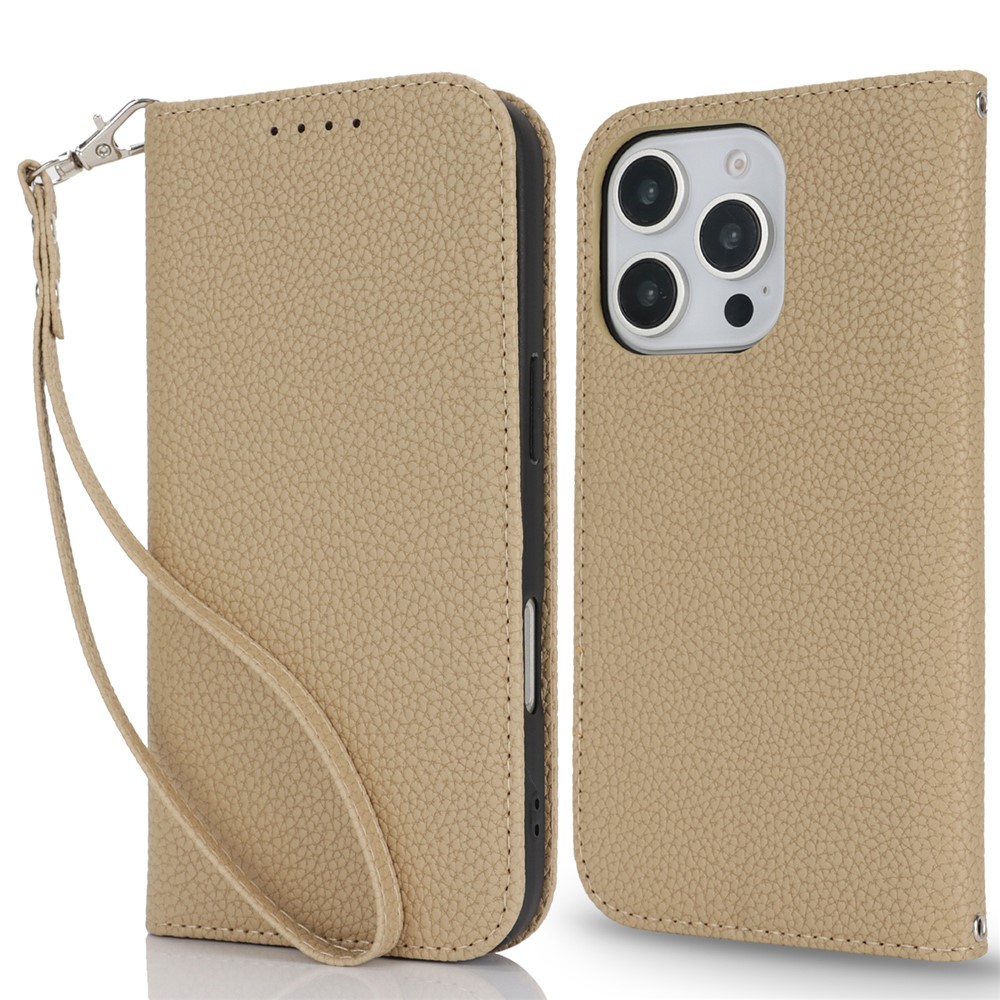 Stand Case for iPhone 16 Pro Max Litchi Texture Leather Flip Phone Cover with Strap  /  Wallet - Light Brown