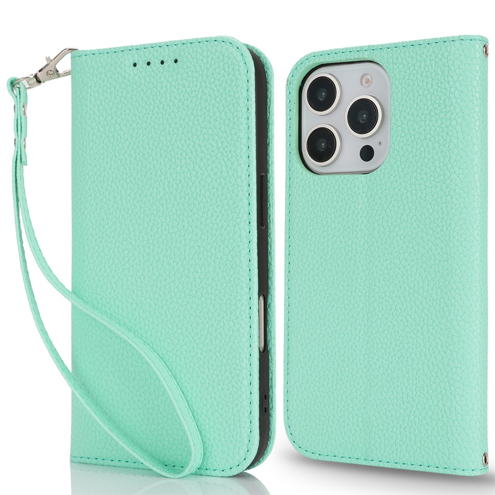 Stand Case for iPhone 16 Pro Max Litchi Texture Leather Flip Phone Cover with Strap  /  Wallet - Mint Green