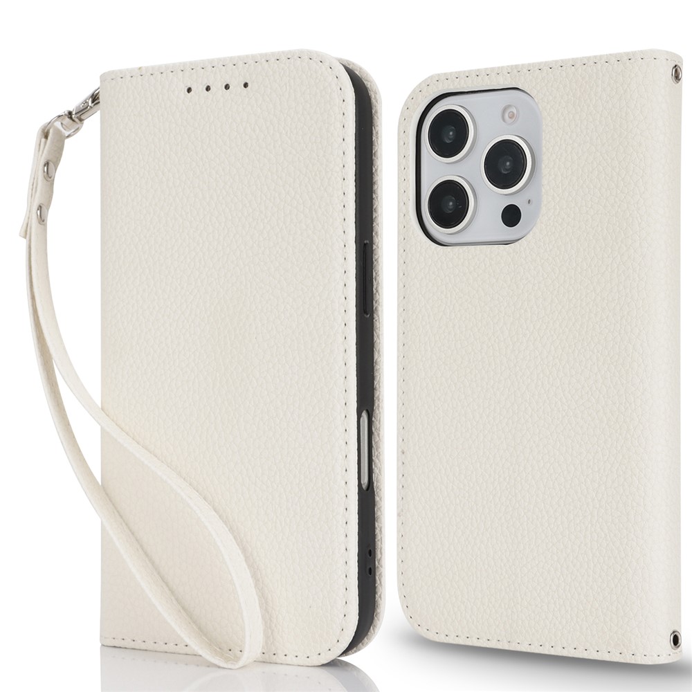 Stand Case for iPhone 16 Pro Max Litchi Texture Leather Flip Phone Cover with Strap  /  Wallet - White