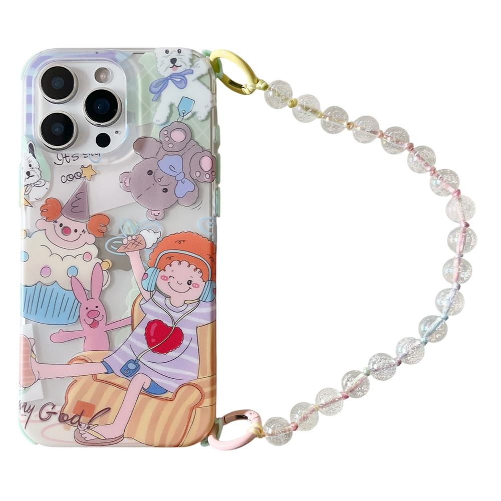 For iPhone 15 Pro Max Case IMD Cute Music Girl TPU Phone Cover with Beaded Strap