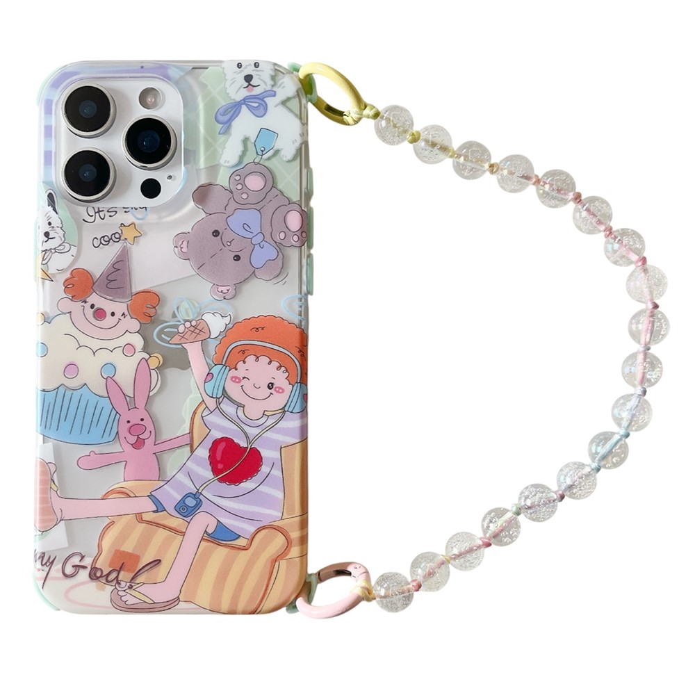 For iPhone 15 Pro Case IMD Cute Music Girl TPU Phone Cover with Beaded Strap