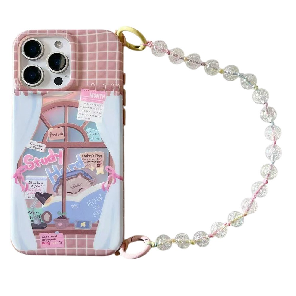 For iPhone 16 Pro Max Case IMD Cat Reading Design TPU Phone Cover with Beaded Strap