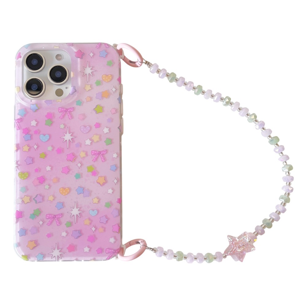 For iPhone 15 Pro Case IMD Star Design TPU Phone Cover with Beaded Strap - Pink