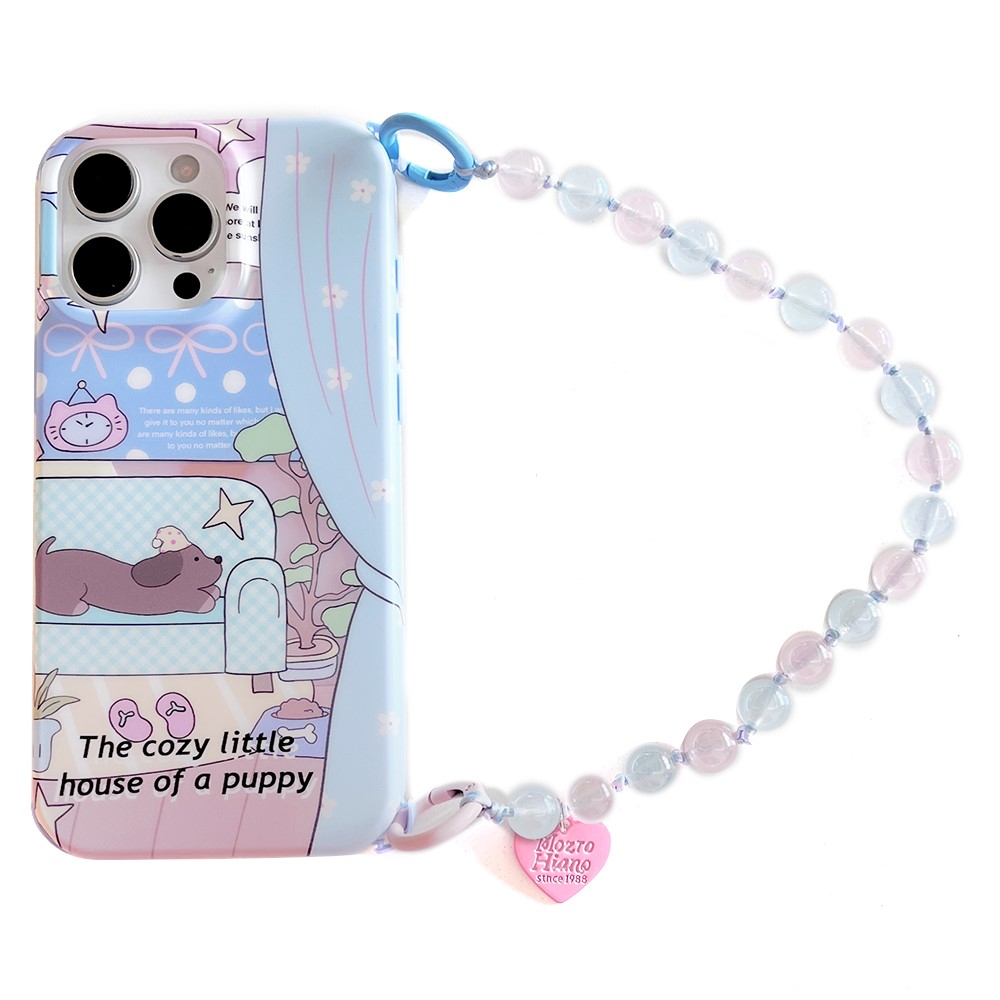For iPhone 16 Pro Max Case IMD Cartoon Pattern TPU Phone Cover with Beaded Strap - Dachshund