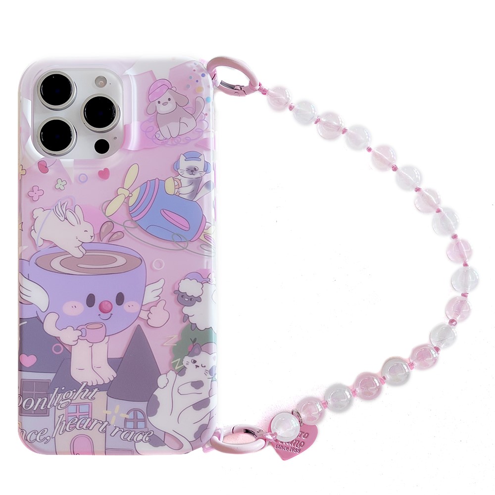 For iPhone 15 Pro Case IMD Cartoon Pattern TPU Phone Cover with Beaded Strap - Animal Collection
