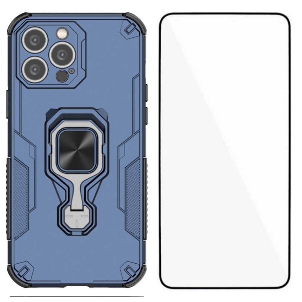 For iPhone 14 Pro Phone Case WANLONFENG PC TPU Back Cover Kickstand with Tempered Glass - Blue