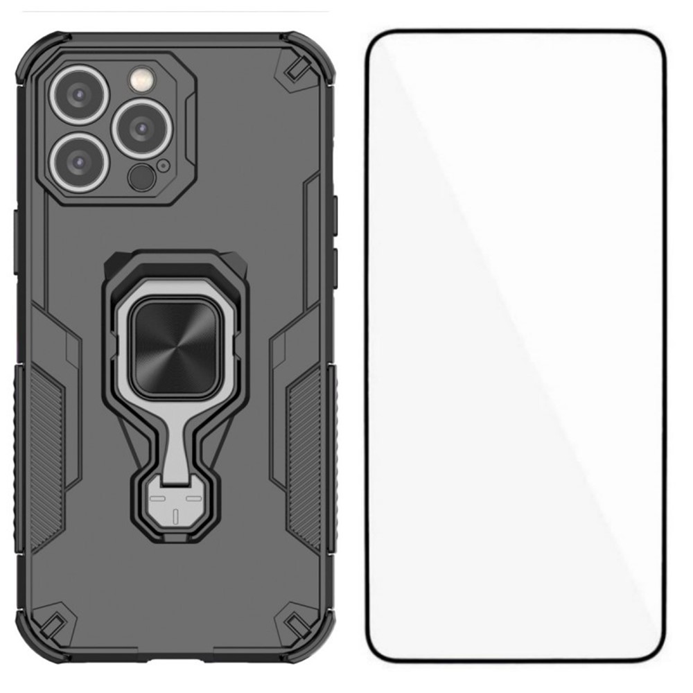 For iPhone 15 Pro Phone Case WANLONFENG PC TPU Back Cover Kickstand with Tempered Glass - Black