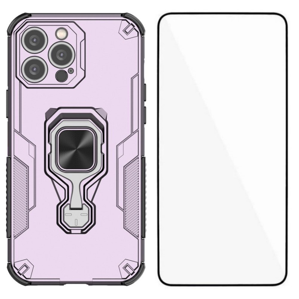 For iPhone 15 Pro Phone Case WANLONFENG PC TPU Back Cover Kickstand with Tempered Glass - Purple