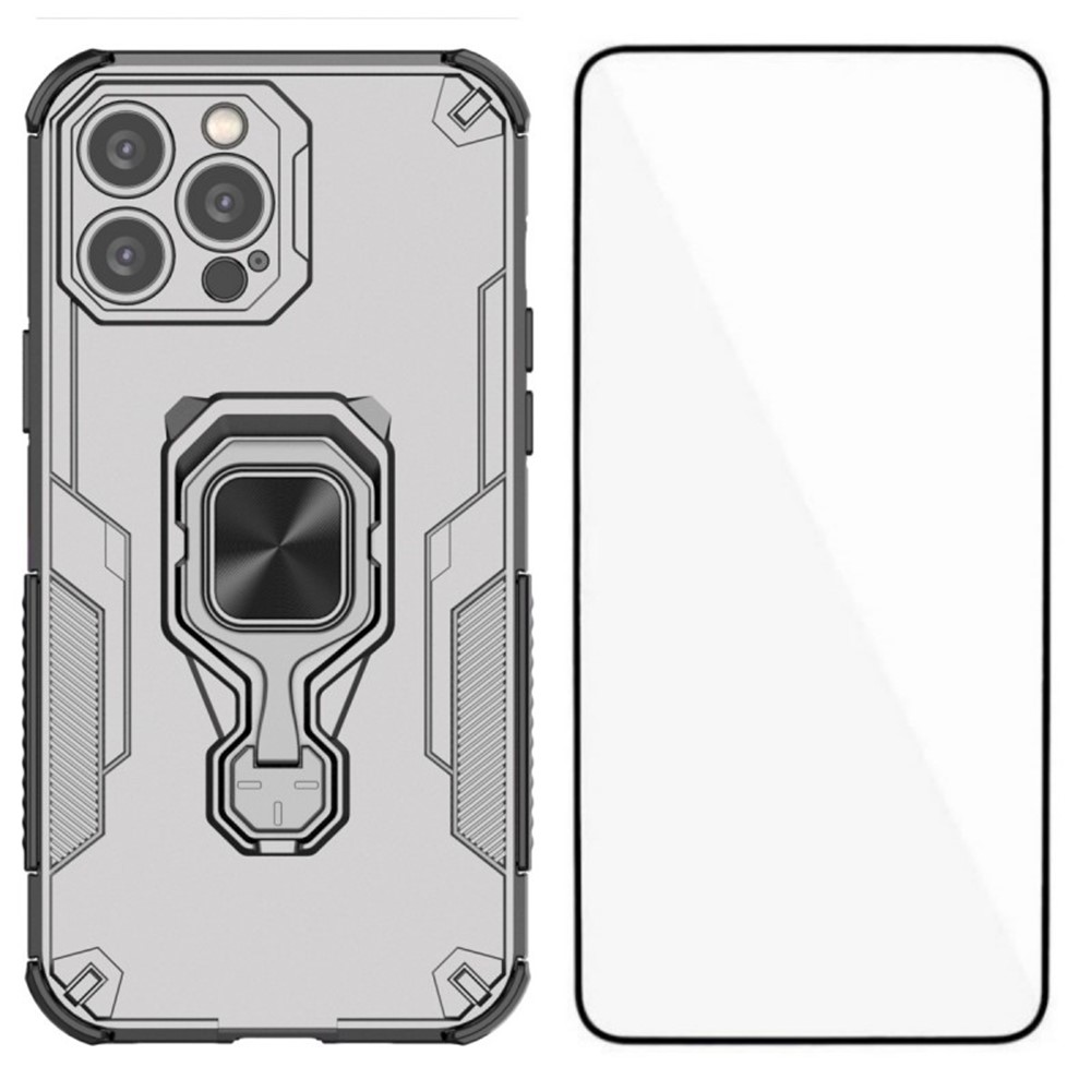For iPhone 14 Pro Max Phone Case WANLONFENG PC TPU Back Cover Kickstand with Tempered Glass - Grey