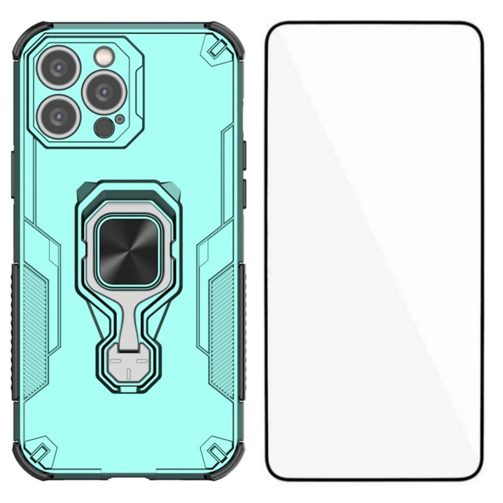 For iPhone 13 Pro 6.1 inch Phone Case WANLONFENG PC TPU Back Cover Kickstand with Tempered Glass - Green