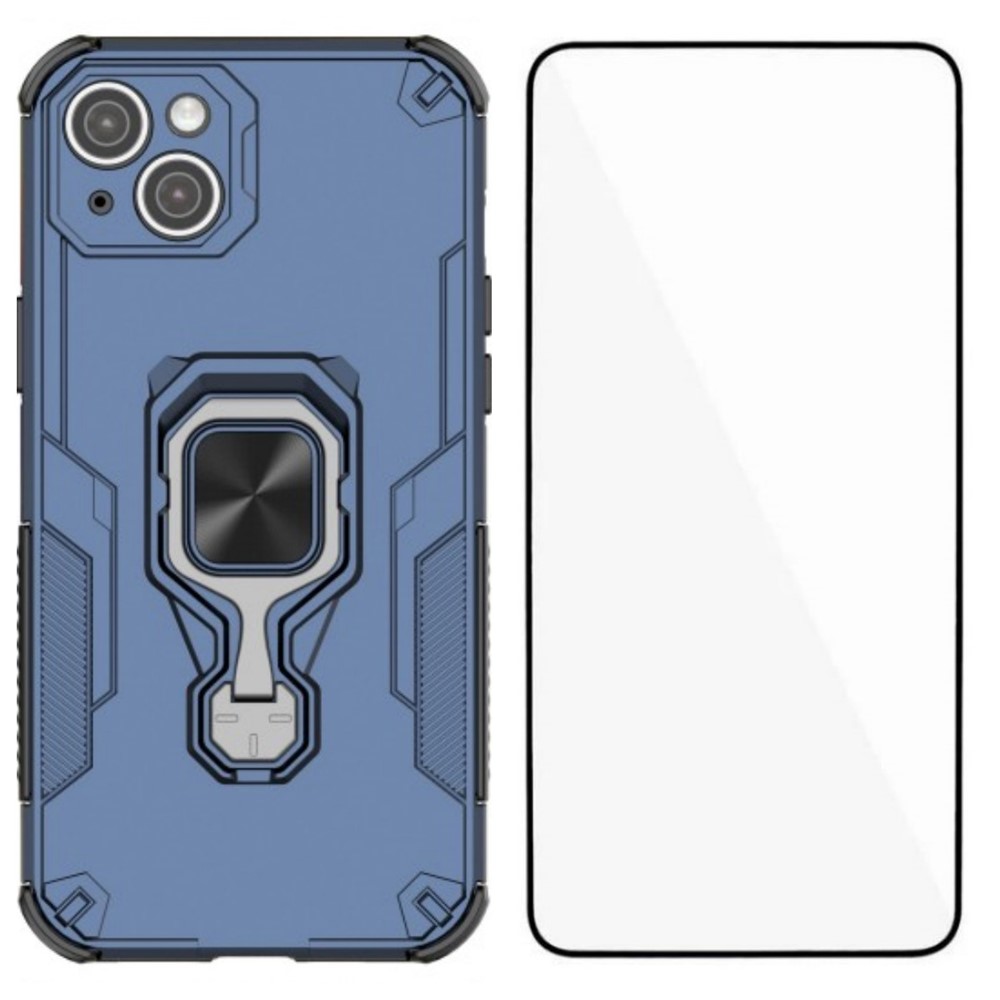 For iPhone 14 Plus Phone Case WANLONFENG PC TPU Back Cover Kickstand with Tempered Glass - Blue