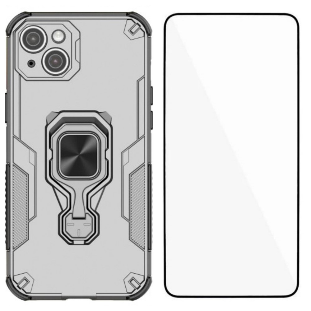 For iPhone 14 Phone Case WANLONFENG PC TPU Back Cover Kickstand with Tempered Glass - Grey