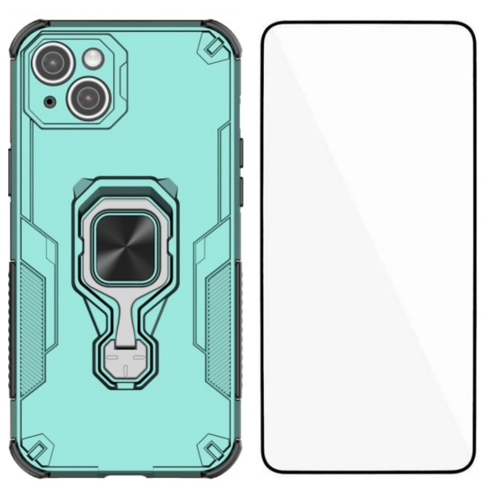 For iPhone 14 Phone Case WANLONFENG PC TPU Back Cover Kickstand with Tempered Glass - Green