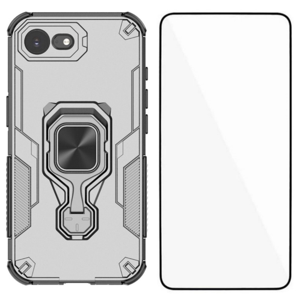 For iPhone 16e Phone Case WANLONFENG PC TPU Back Cover Kickstand with Tempered Glass - Grey
