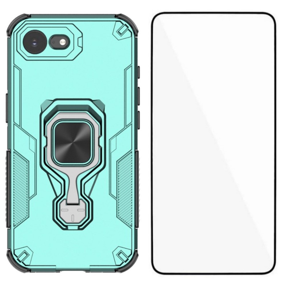 For iPhone 16e Phone Case WANLONFENG PC TPU Back Cover Kickstand with Tempered Glass - Green