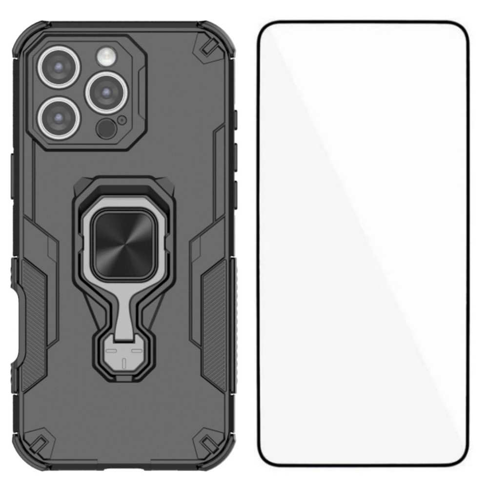 For iPhone 16 Pro Max Phone Case WANLONFENG PC TPU Back Cover Kickstand with Tempered Glass - Black