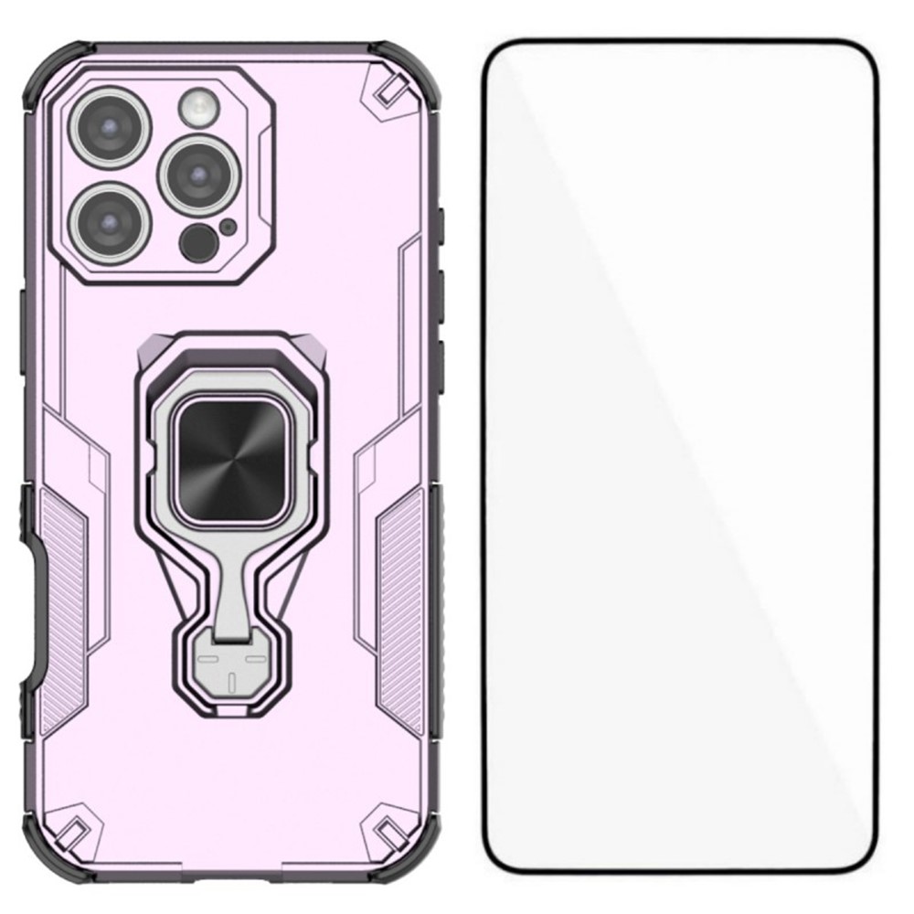 For iPhone 16 Pro Max Phone Case WANLONFENG PC TPU Back Cover Kickstand with Tempered Glass - Purple