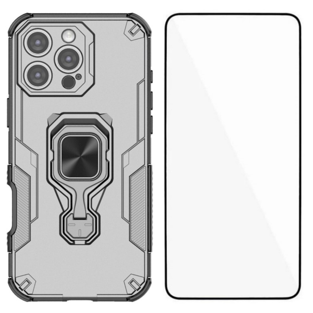 For iPhone 16 Pro Phone Case WANLONFENG PC TPU Back Cover Kickstand with Tempered Glass - Grey