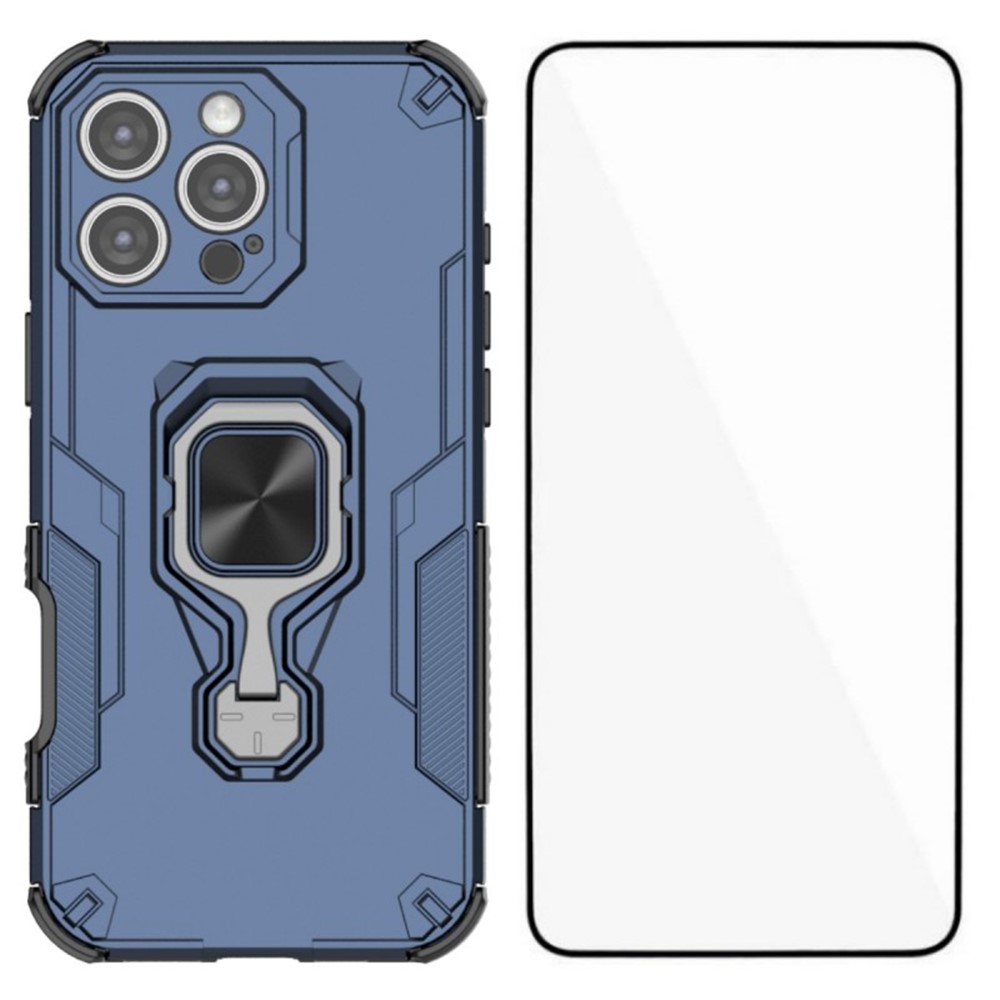 For iPhone 16 Pro Phone Case WANLONFENG PC TPU Back Cover Kickstand with Tempered Glass - Blue