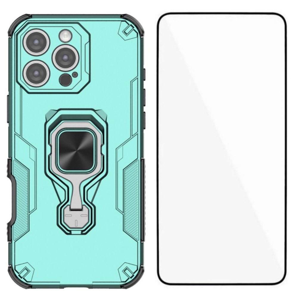 For iPhone 16 Pro Phone Case WANLONFENG PC TPU Back Cover Kickstand with Tempered Glass - Green