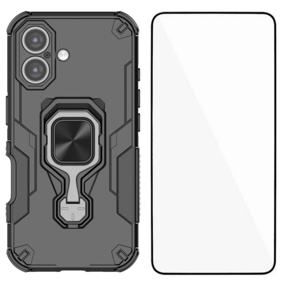 For iPhone 16 Phone Case WANLONFENG PC TPU Back Cover Kickstand with Tempered Glass - Black