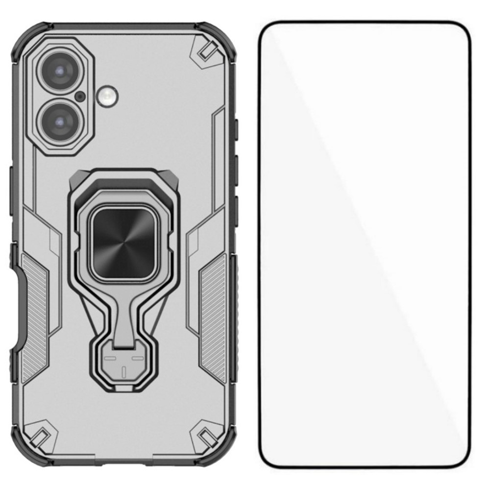 For iPhone 16 Phone Case WANLONFENG PC TPU Back Cover Kickstand with Tempered Glass - Grey