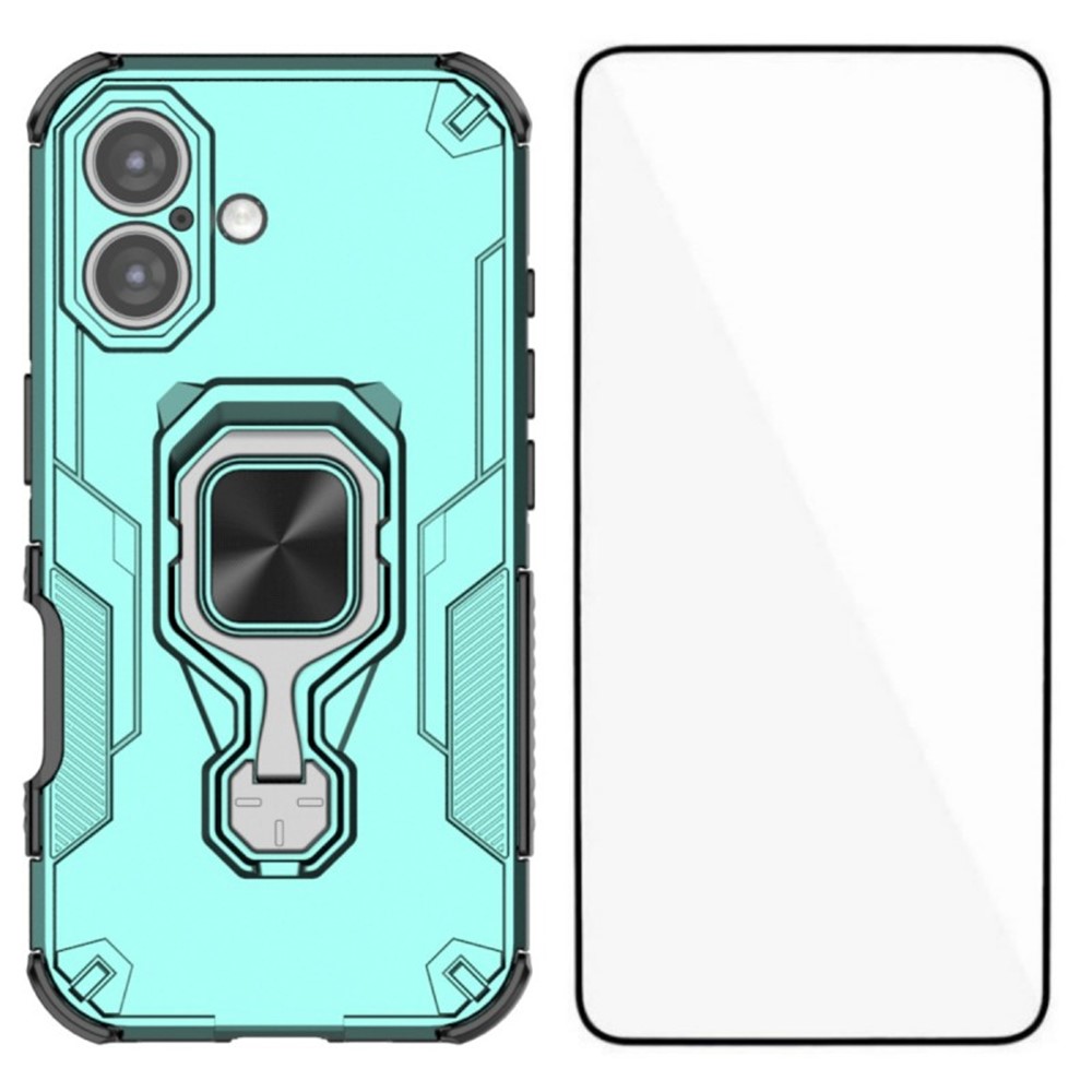 For iPhone 16 Phone Case WANLONFENG PC TPU Back Cover Kickstand with Tempered Glass - Green