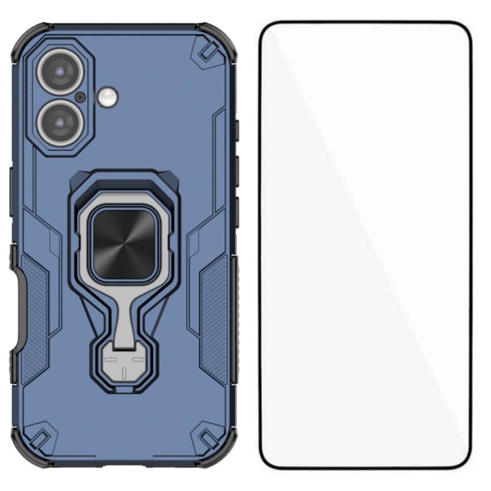 For iPhone 16 Plus Phone Case WANLONFENG PC TPU Back Cover Kickstand with Tempered Glass - Blue