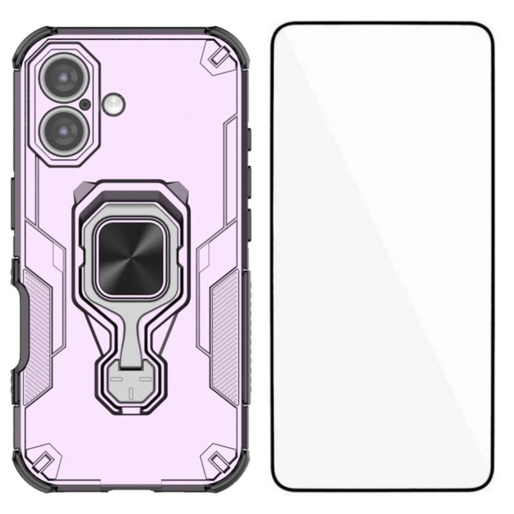 For iPhone 16 Plus Phone Case WANLONFENG PC TPU Back Cover Kickstand with Tempered Glass - Purple